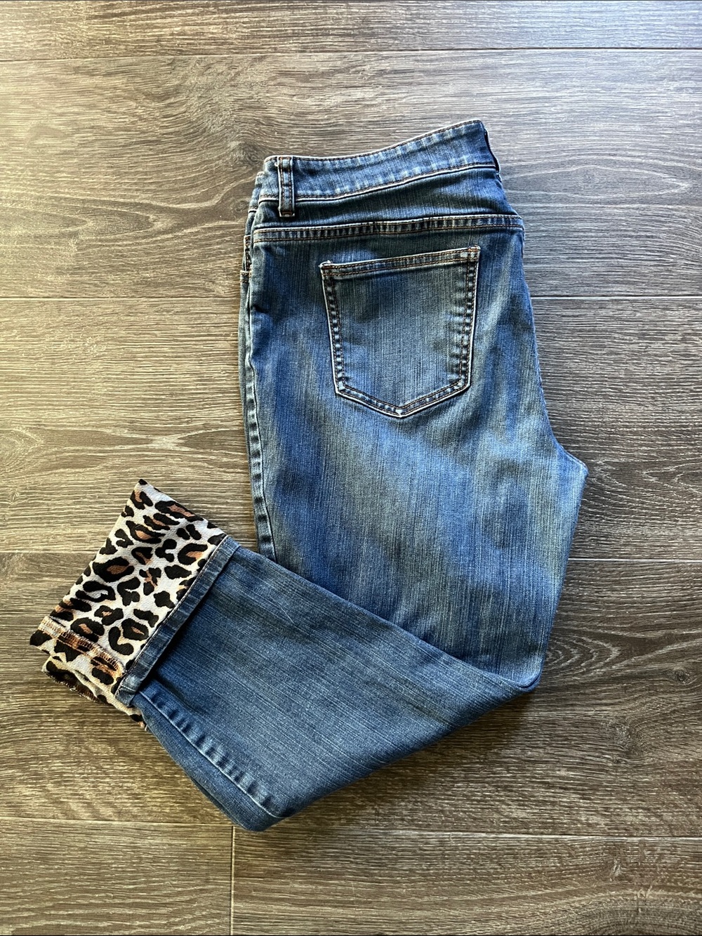 Chico's Platinum Boyfriend Jeans with Leopard Lining